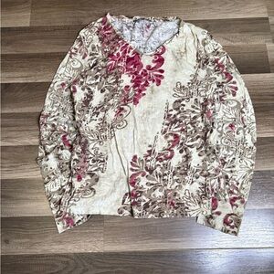 Jones New York Beige Red Floral Embroidered Beaded V-Neck Long Sleeve Top M
